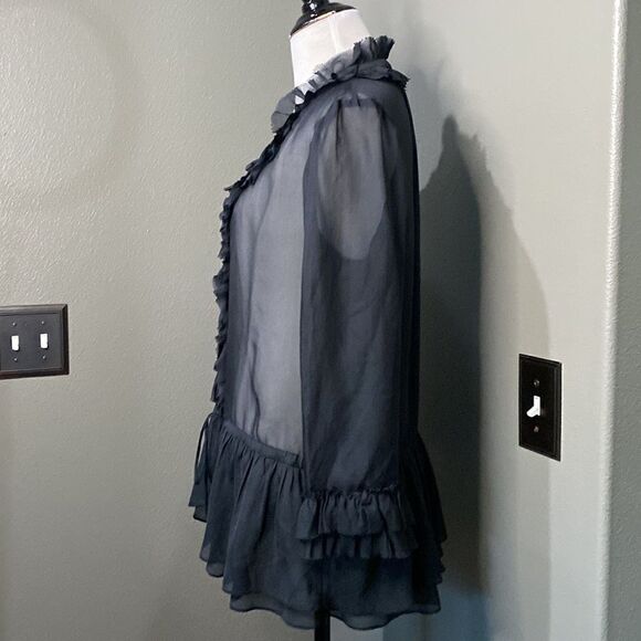 Rebecca Taylor Black Sheer Button Down Ruffle Blouse Long Sleeve - Picture 10 of 12